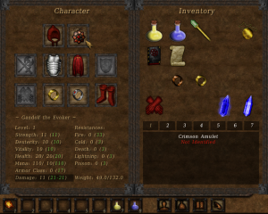 Character- and inventory screen with some items